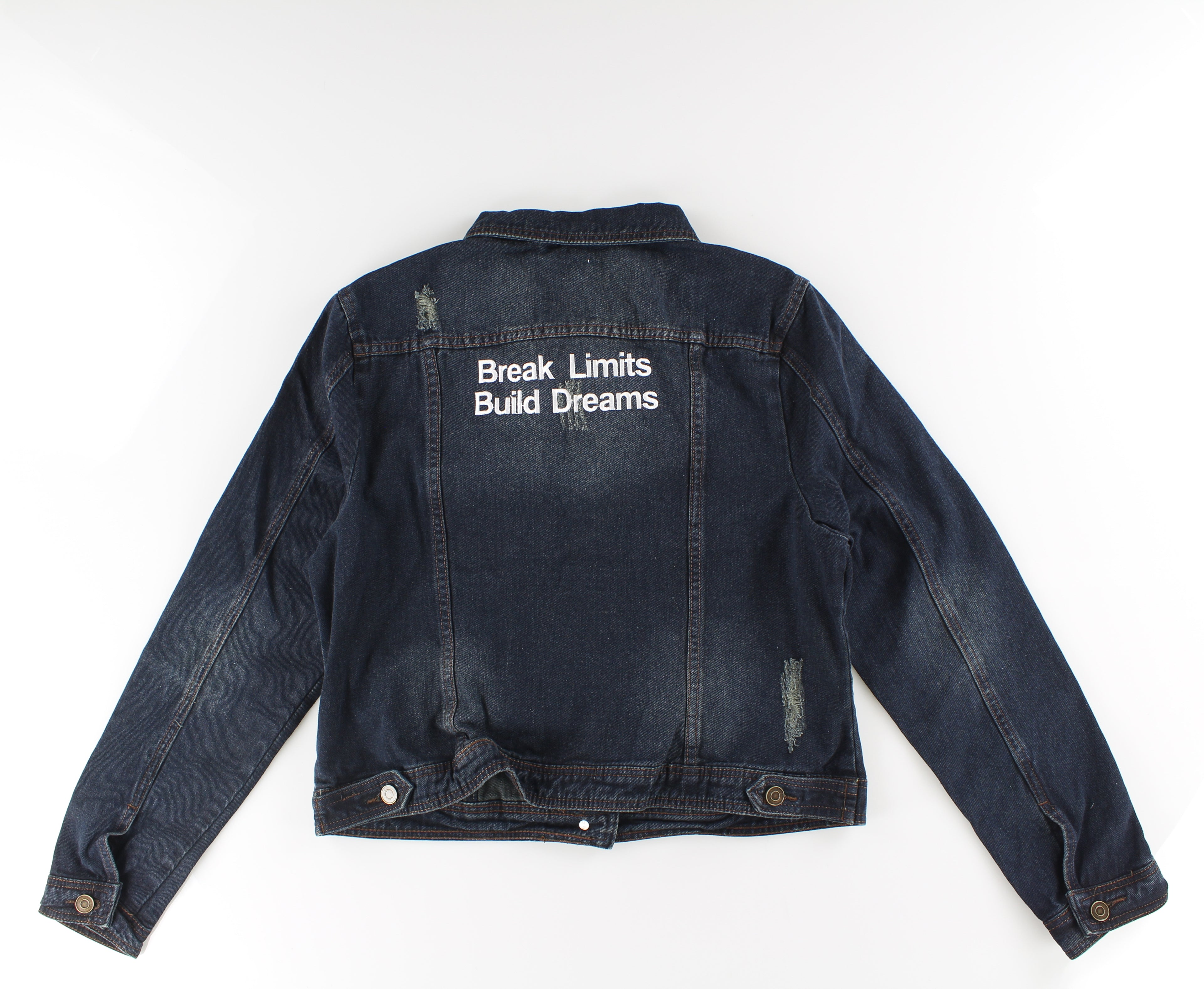BREAK LIMITS BUILD DREAMS Waist Length Distressed Fitted Dark Denim Jacket